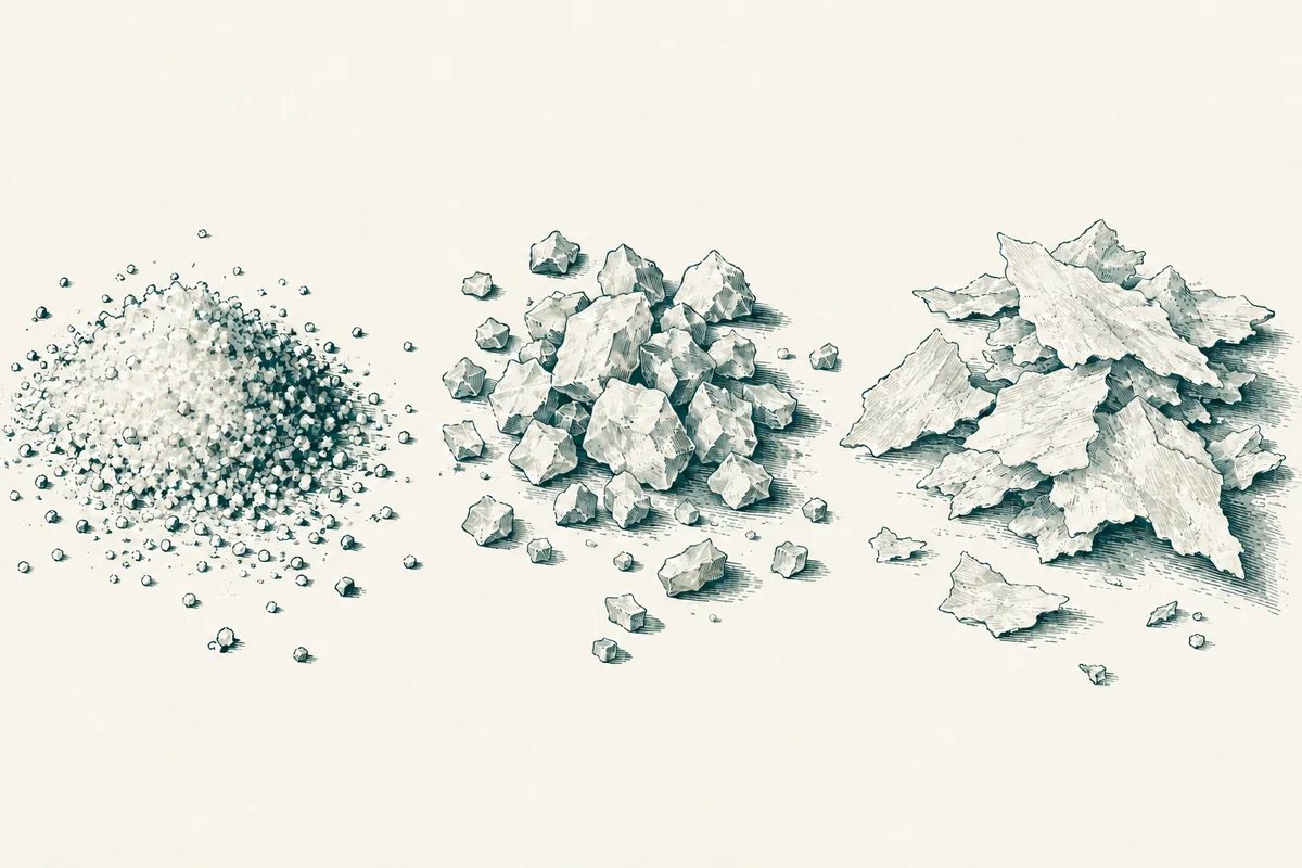 Engraved-style illustration of salt grains, crystals and flakes