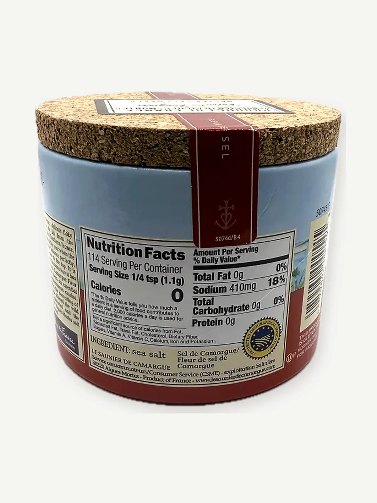 Nutrition Facts panel, ingredient sea salt, Aigues-Mortes producer address and the EU Protected Geographical Indication roundel on a Le Saunier de Camargue drum