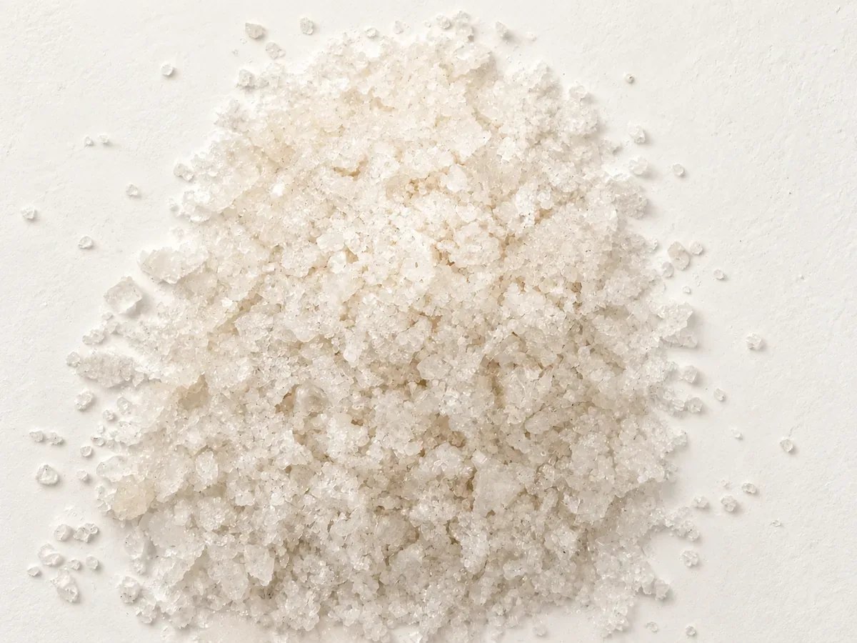 A heap of fine, irregular white fleur de sel crystals on white