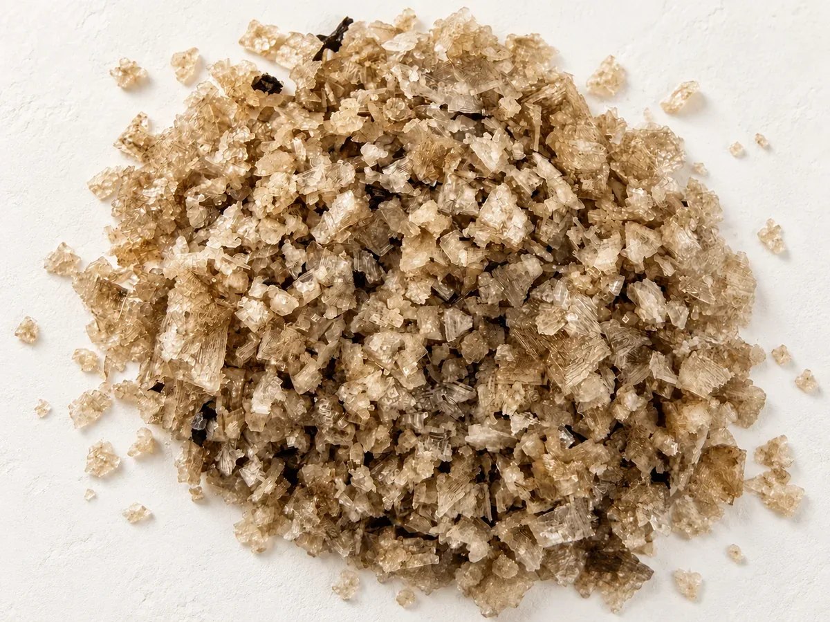 A heap of tan smoked sea salt flakes with a few darker fragments, on white