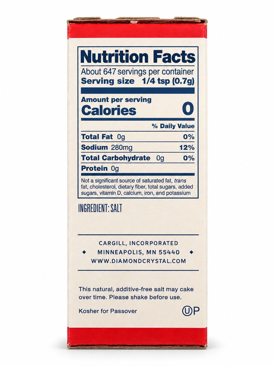 Diamond Crystal box ingredient SALT, nutrition panel and Cargill mailing address
