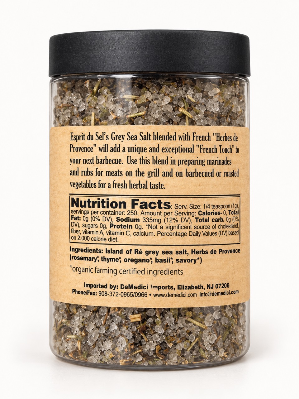 Esprit du Sel ingredient panel, nutrition and DeMedici Imports identification