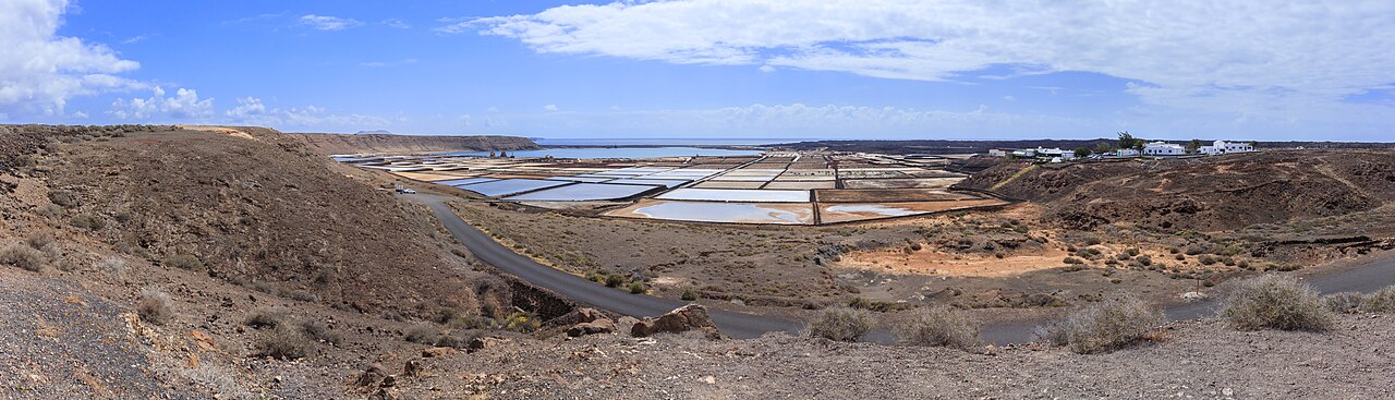 A panorama of the salt ponds at Salinas de Janubio beside the Atlantic on Lanzarote.