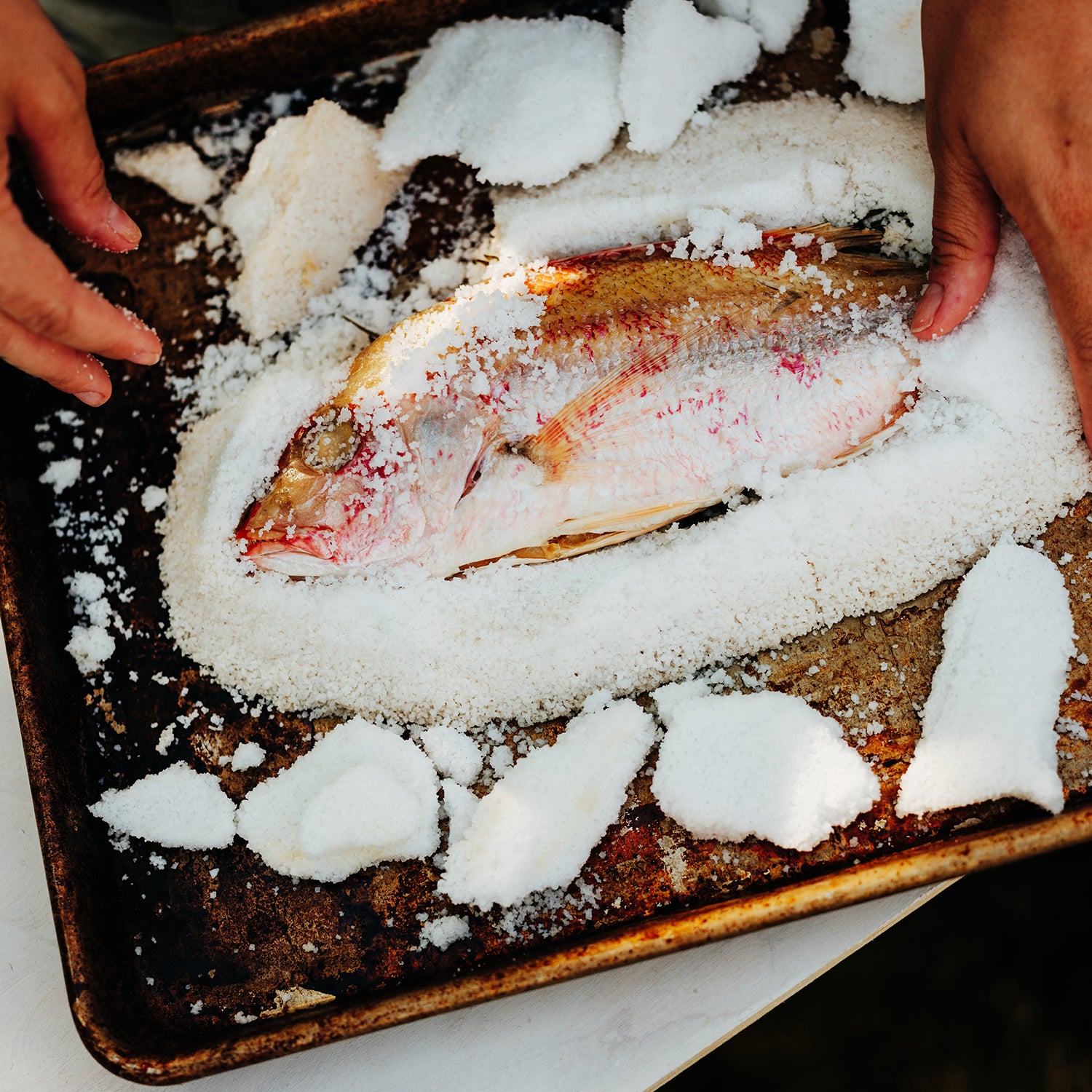 Hands opening a salt crust around a cooked whole fish on a baking tray.