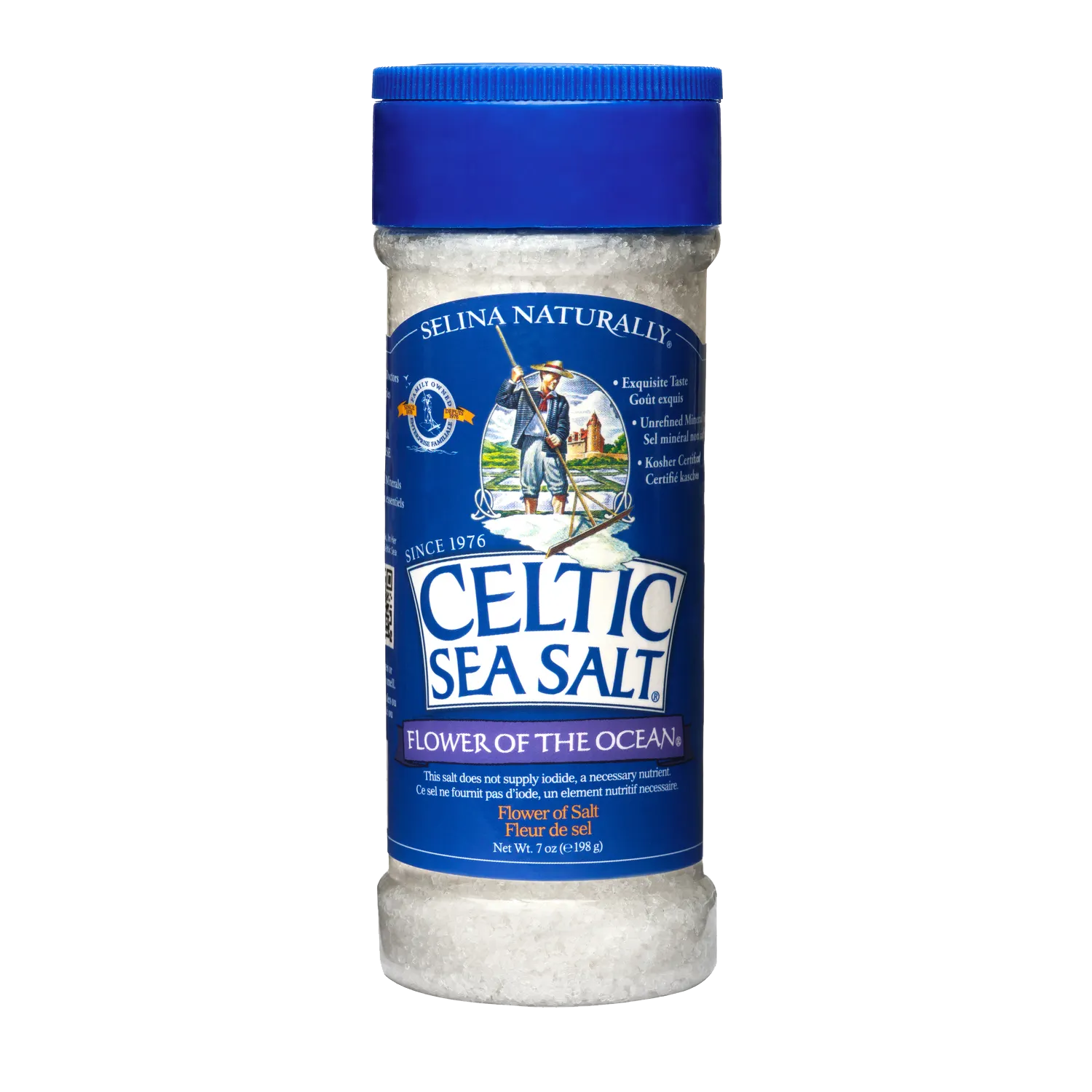 A Celtic Sea Salt Fleur de Sel shaker jar with a blue cap and label.