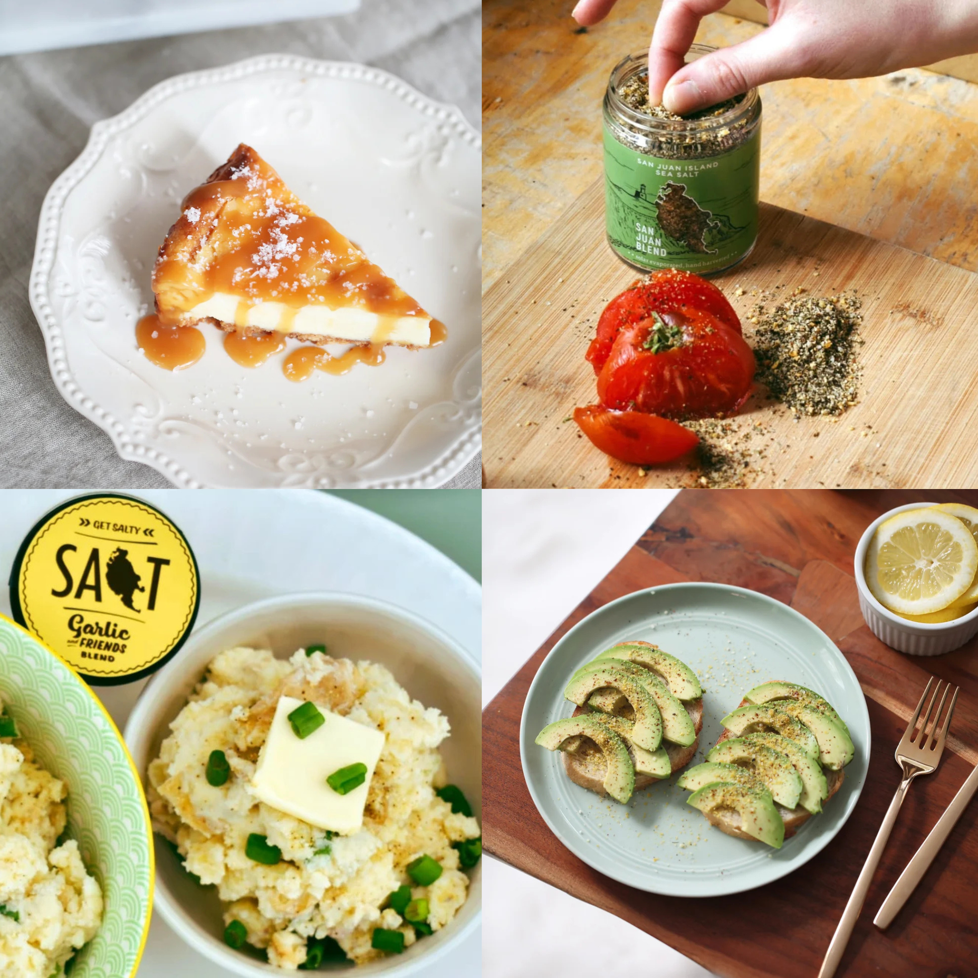 The brand’s four-panel collage showing a salted dessert, seasoned tomato, mashed potatoes and avocado toast.