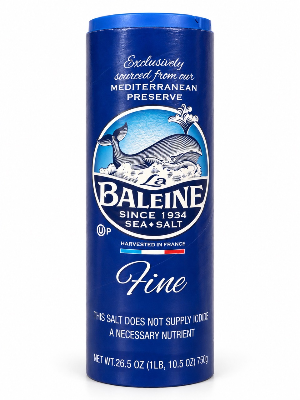 La Baleine Fine Sea Salt blue canister front, 750 g (26.5 oz)