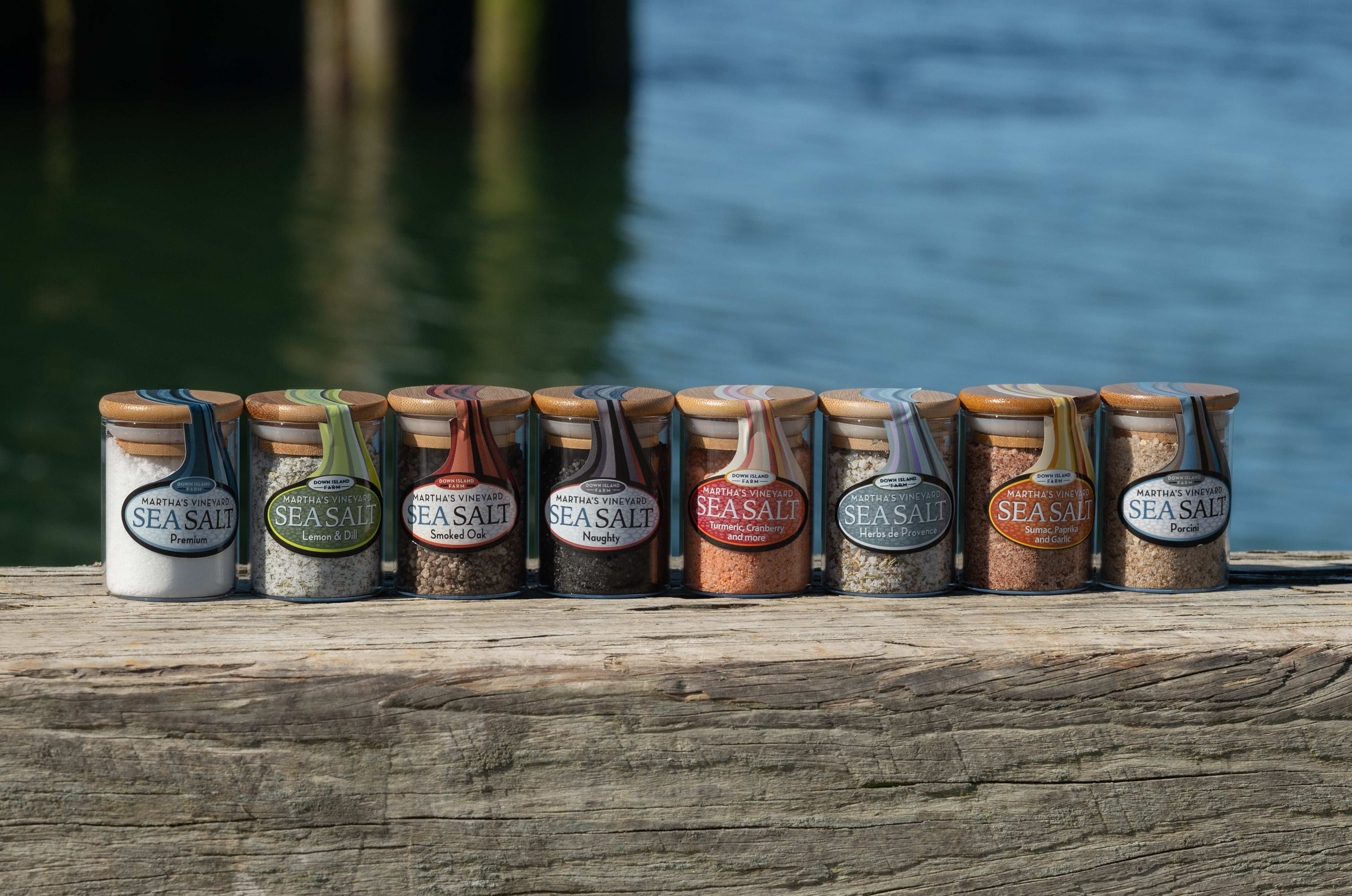 Martha’s Vineyard Sea Salt Hostess Jars in eight varieties on a wooden dock