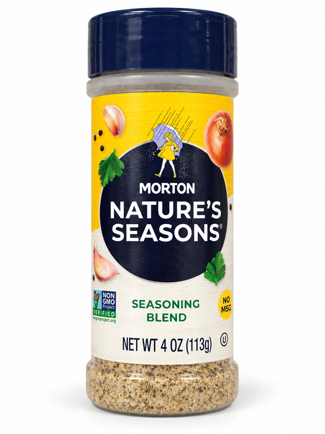 Morton Nature’s Seasons Seasoning Blend jar front, 4 oz (113 g) — AI-cleaned presentation