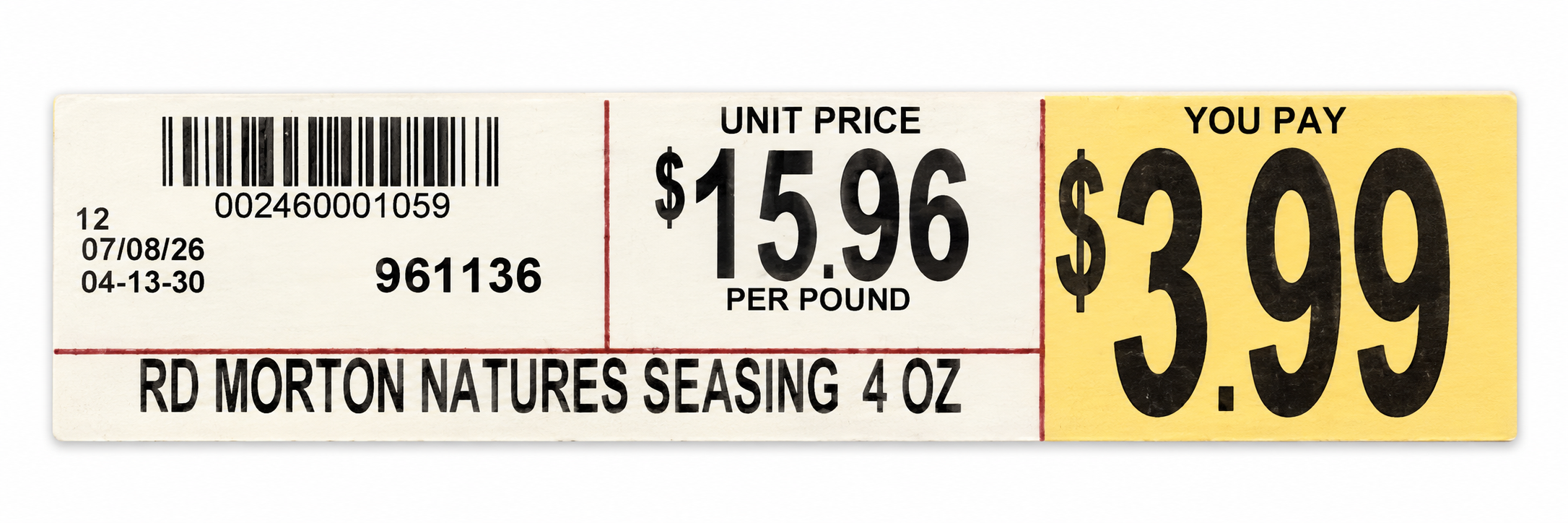Matching Morton Nature’s Seasons 4 oz shelf tag showing $3.99 — AI-cleaned presentation