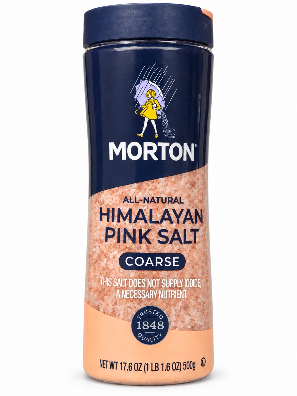 Front of Morton Himalayan Pink Salt Coarse, 17.6 oz (500 g) canister
