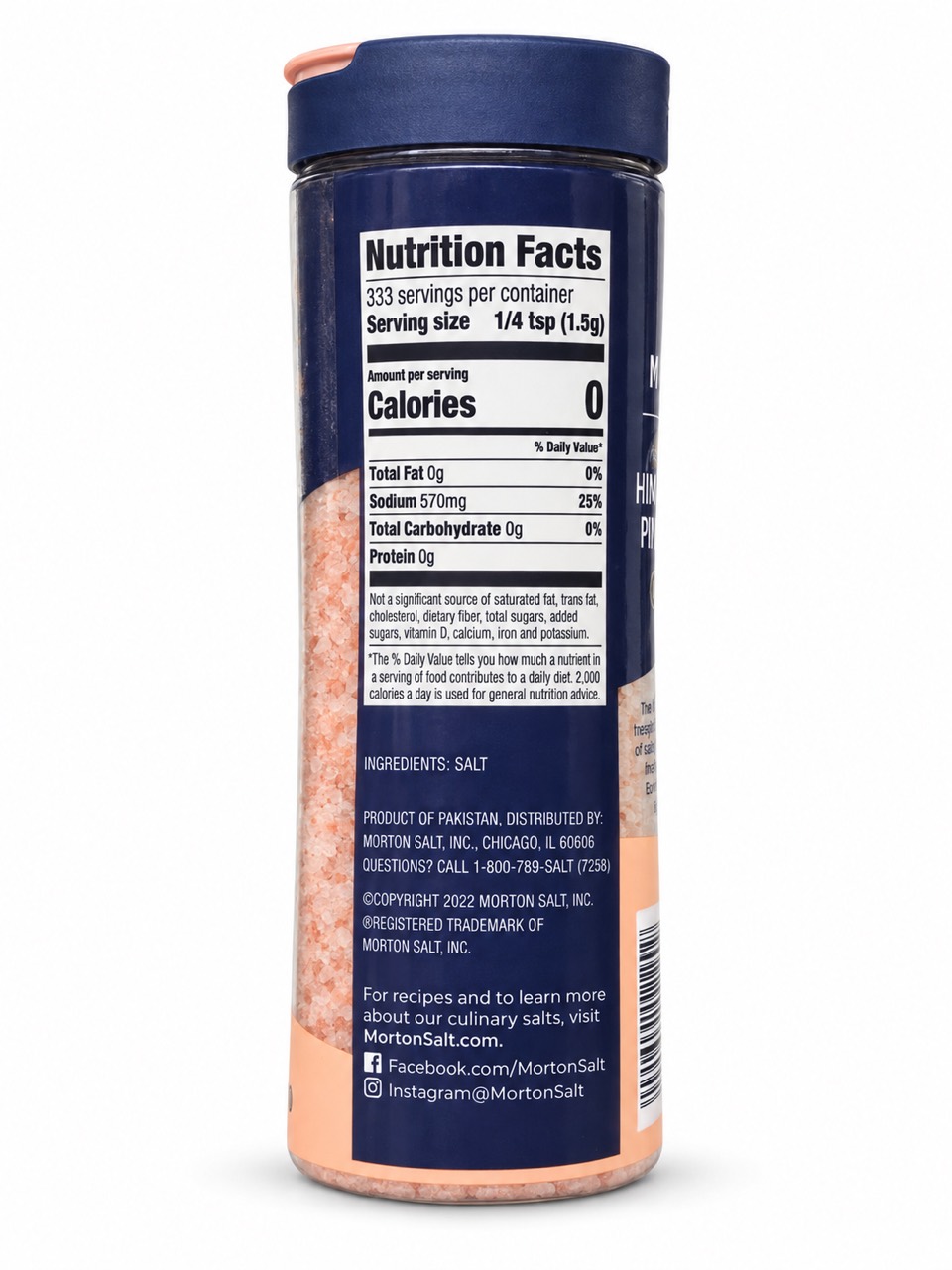 Morton canister panel reading Ingredients: SALT, Product of Pakistan, distributed by Morton Salt, Inc.