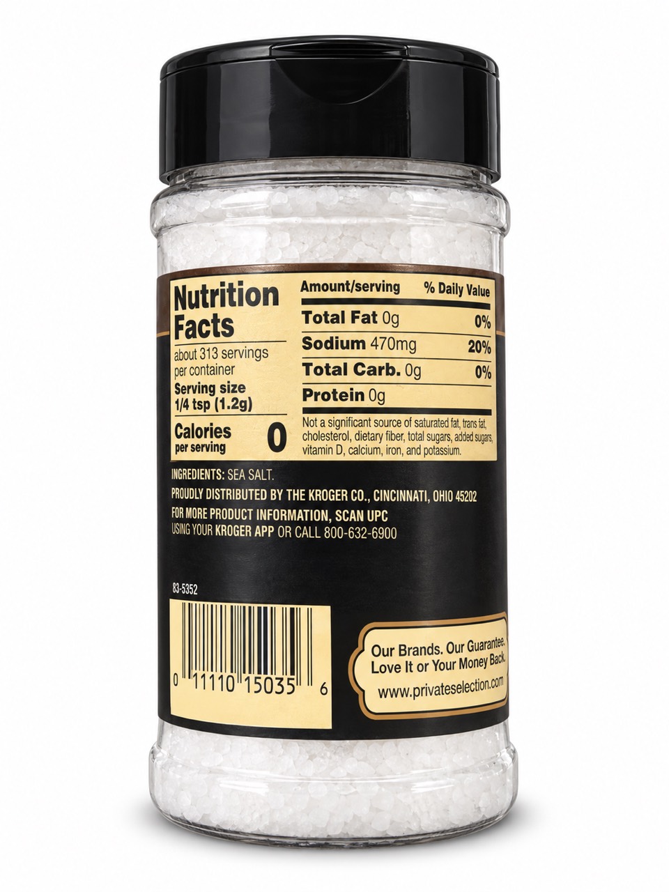 Coarse Sea Salt ingredients and distributor panel showing SEA SALT., The Kroger Co. and barcode 011110150356