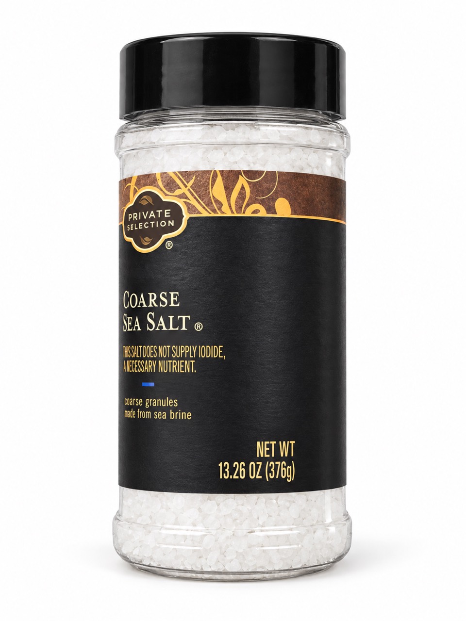 Side of the Private Selection Coarse Sea Salt jar showing sea-brine wording and 13.26 oz (376 g)