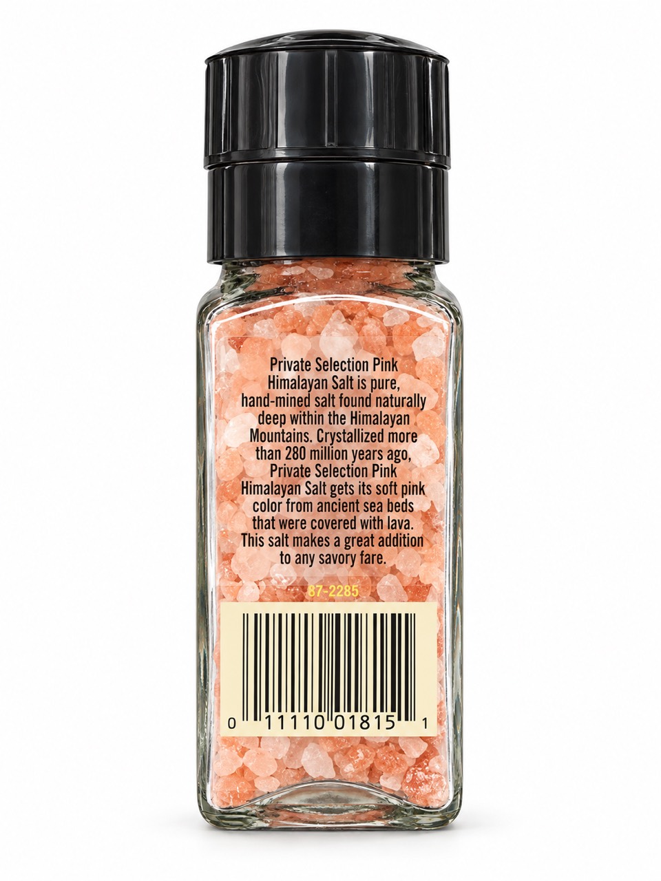 Back of the Private Selection salt grinder with product story and UPC barcode