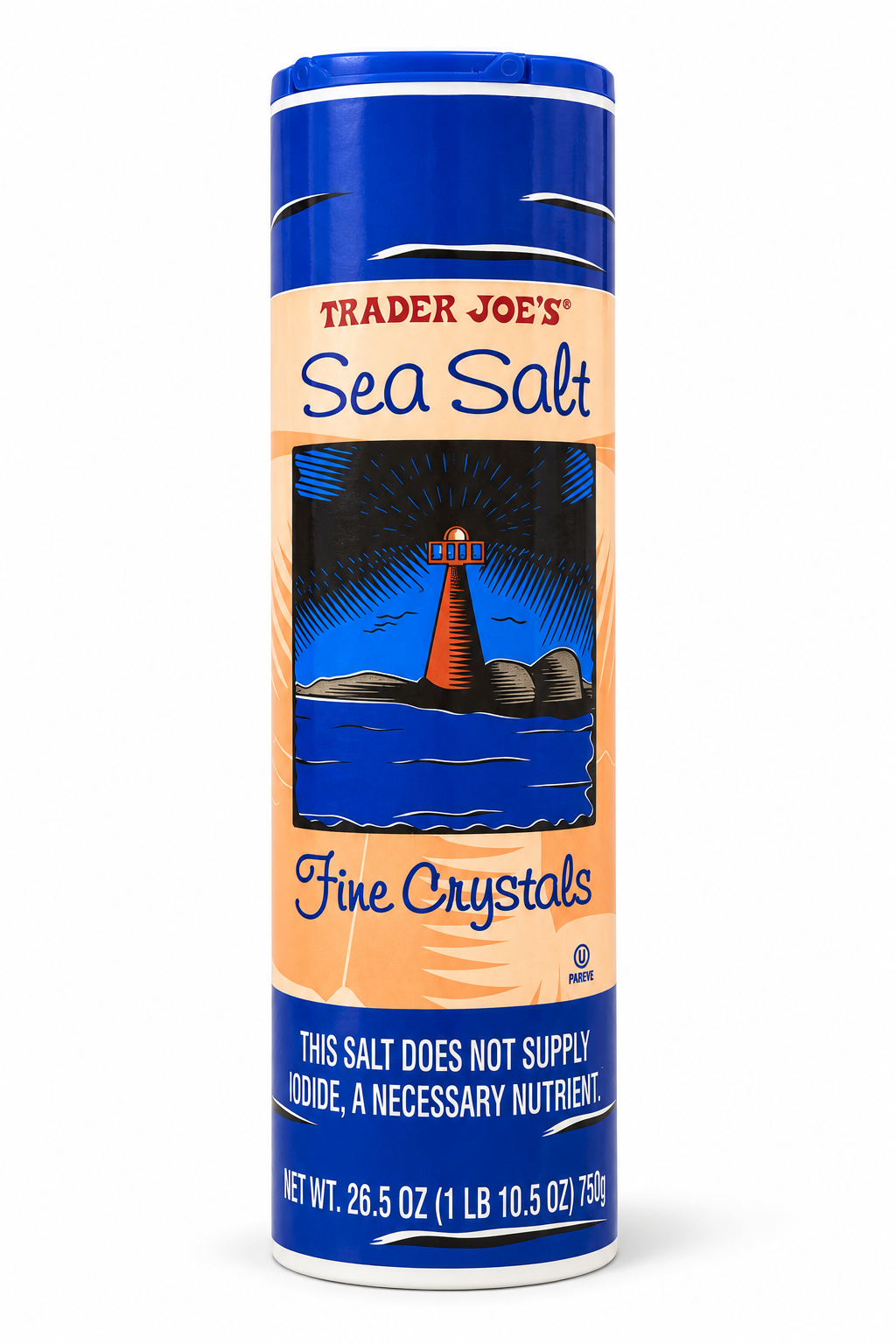 Front of Trader Joe’s Sea Salt Fine Crystals 750 g canister — AI-cleaned presentation