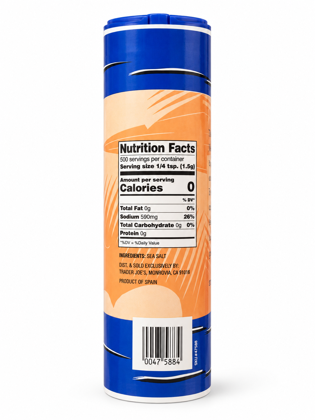 Trader Joe’s nutrition, SEA SALT ingredient, Spain origin and barcode panel — AI-cleaned presentation