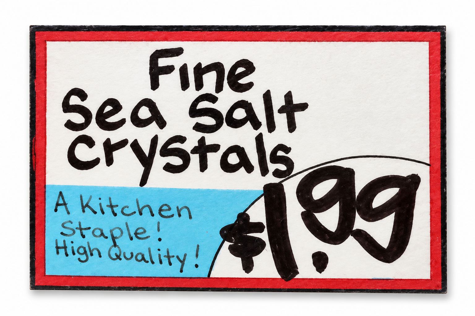 Matching Fine Sea Salt Crystals shelf sign showing $1.99 — AI-cleaned presentation