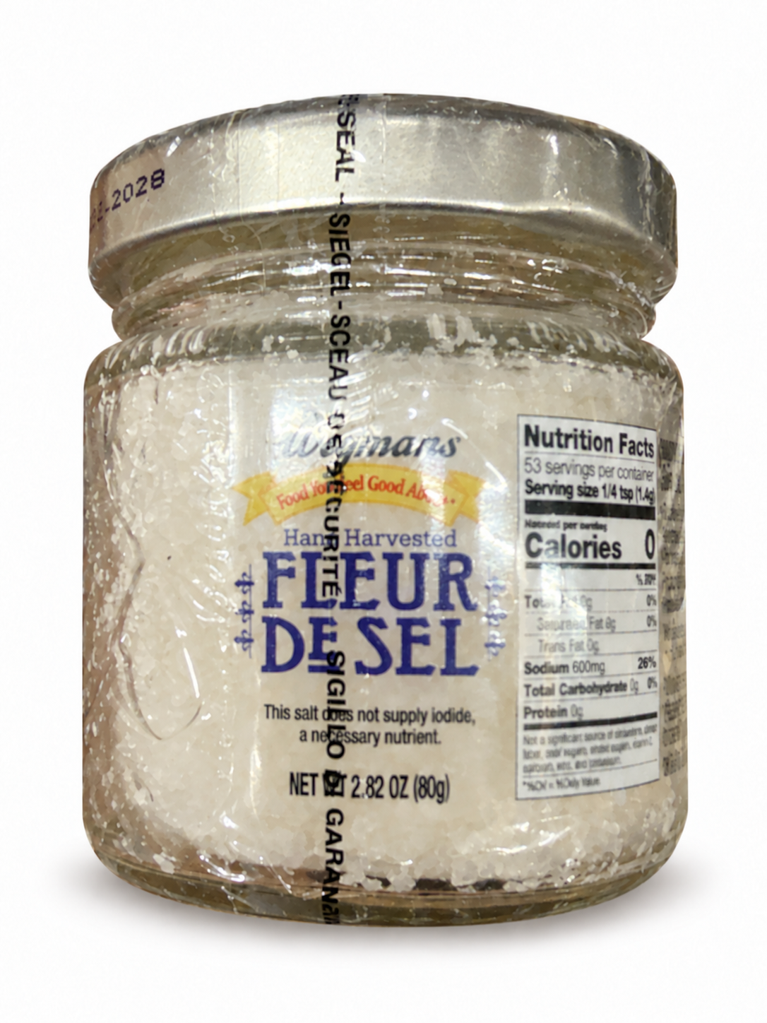 Wegmans Hand Harvested Fleur de Sel jar front, 2.82 oz (80 g) — AI-cleaned presentation