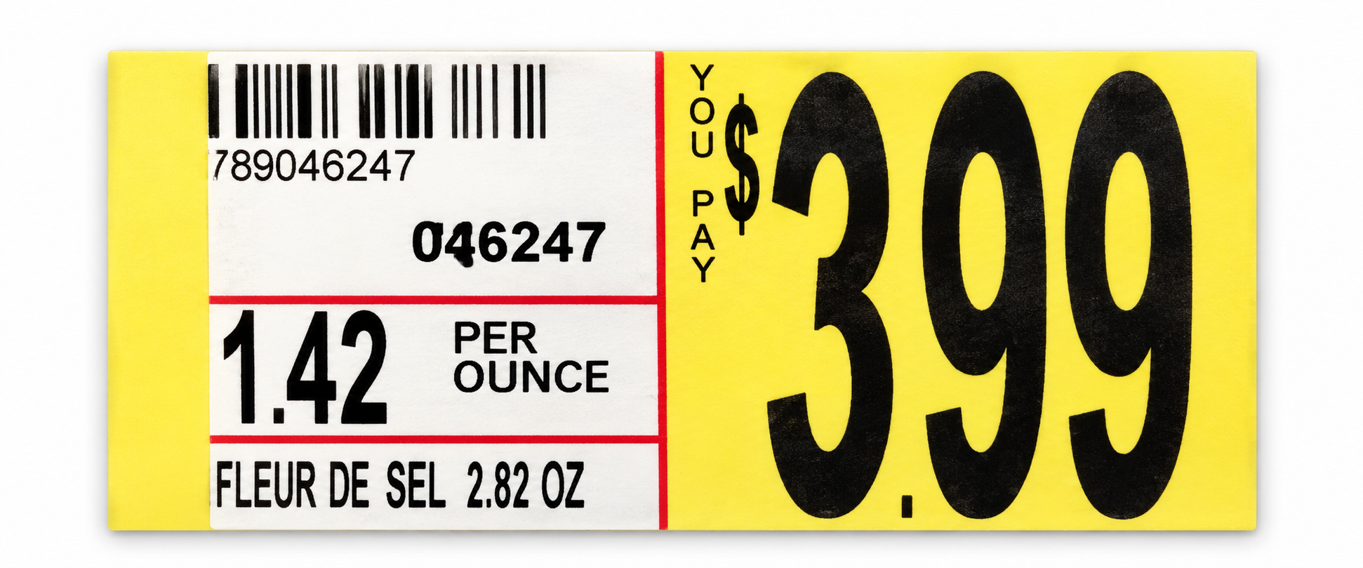 Matching Fleur de Sel 2.82 oz shelf tag showing $3.99 — AI-cleaned presentation
