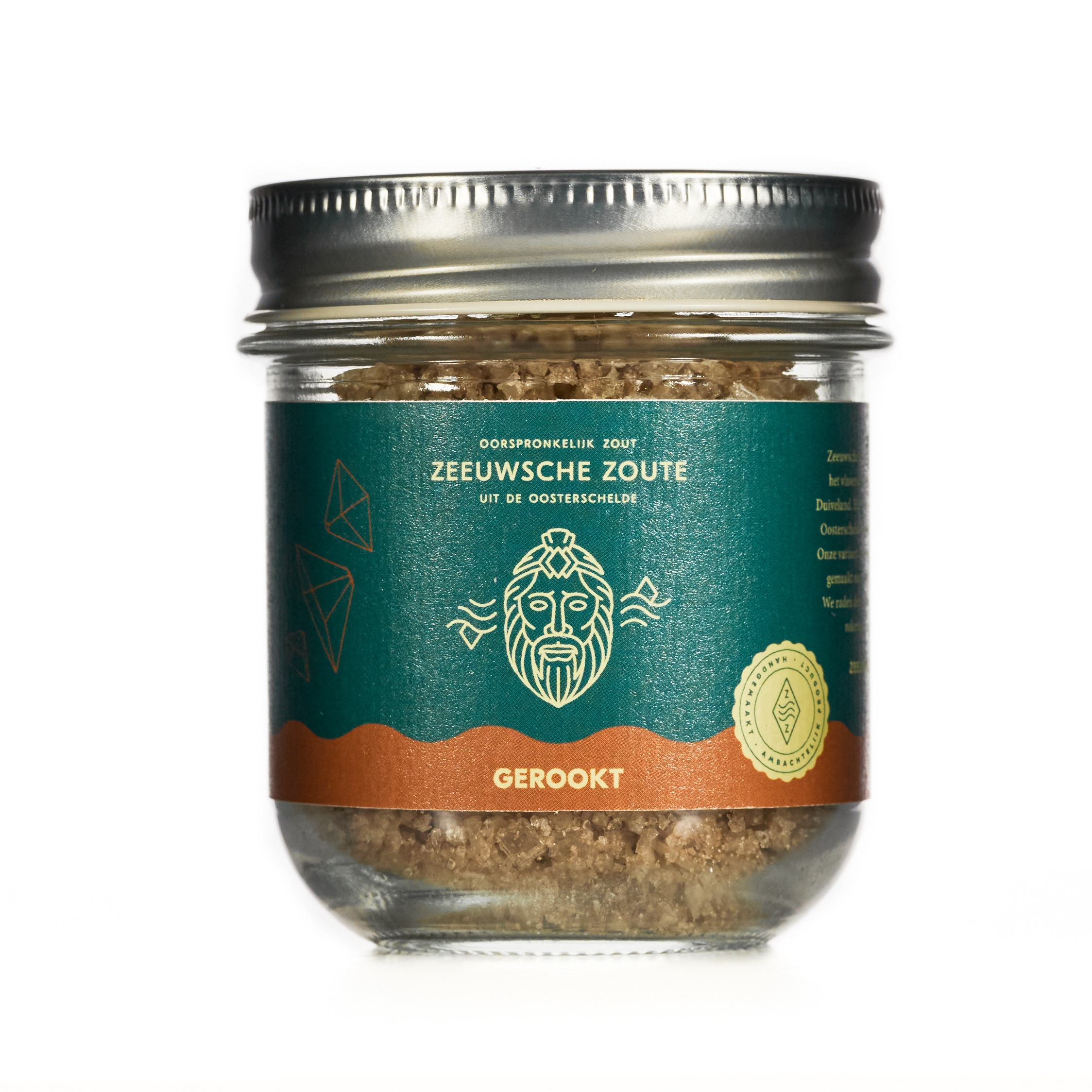 Zeeuwsche Zoute smoked sea salt in a glass jar with an orange Gerookt label