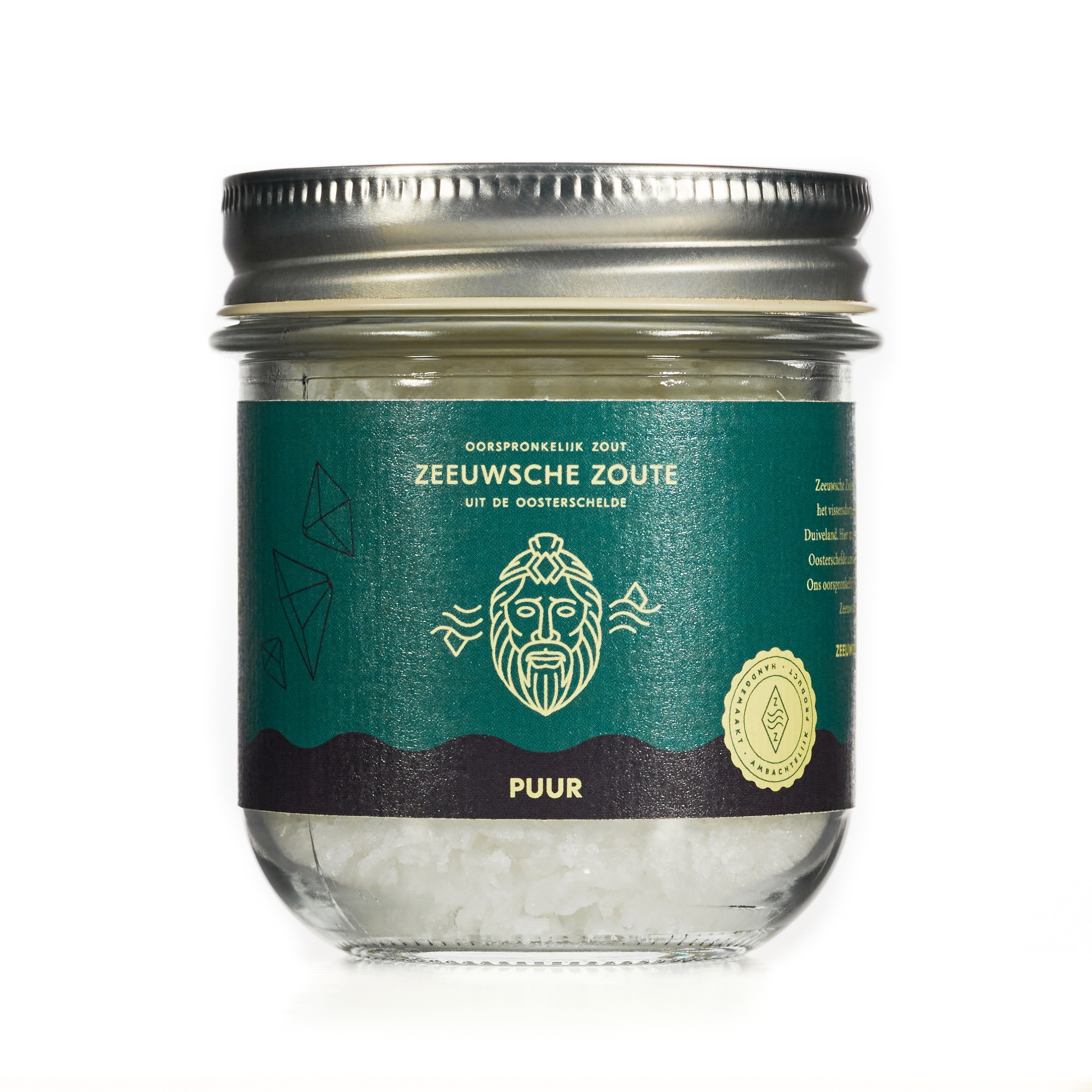 Plain Zeeuwsche Zoute sea salt in a glass jar with a green label