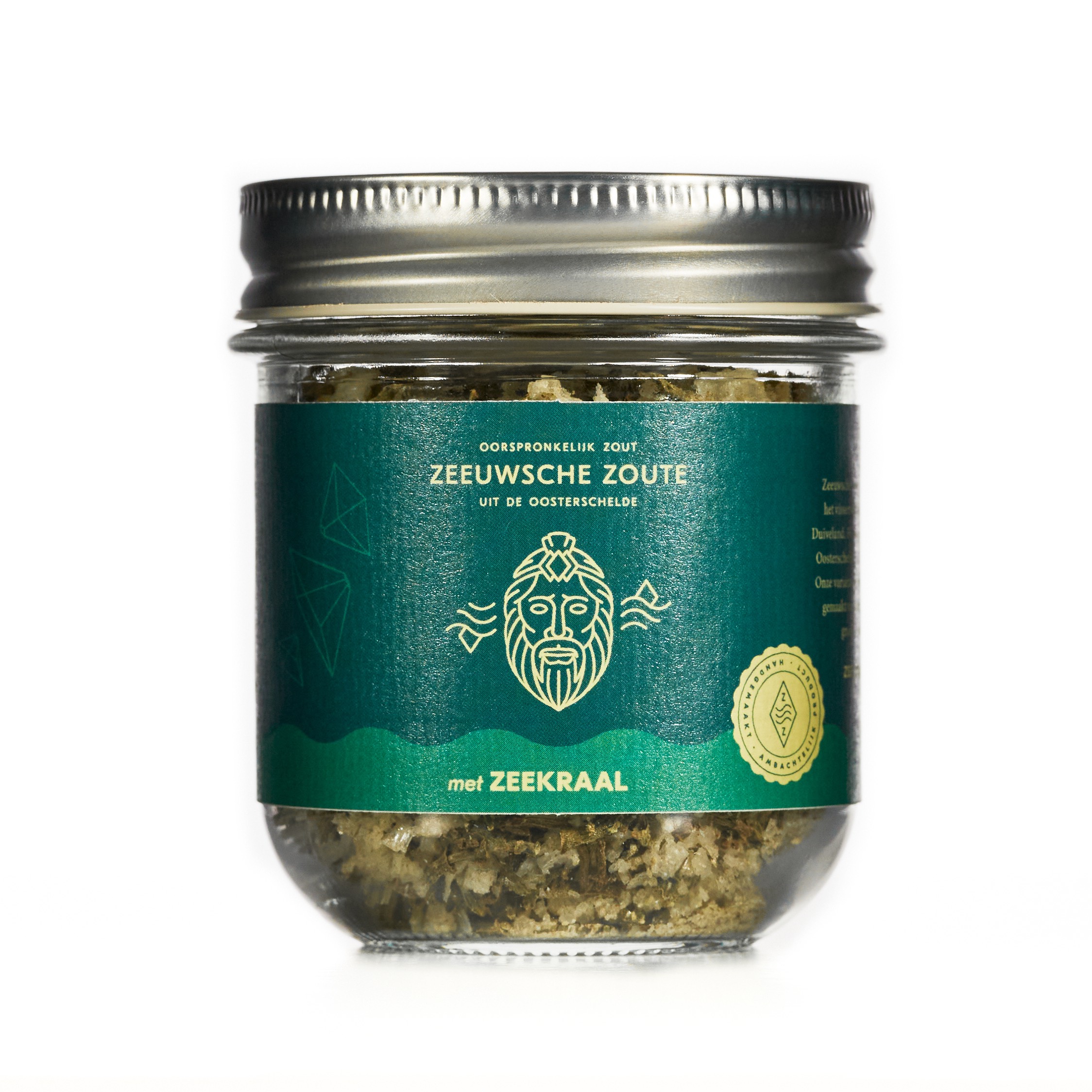 Zeeuwsche Zoute samphire sea salt in a glass jar with a green Zeekraal label